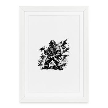 Héroïque Pompier Style Bande dessinée Noir Blanc - Affiche encadrée (27 × 37 cm) - blanc - Devant