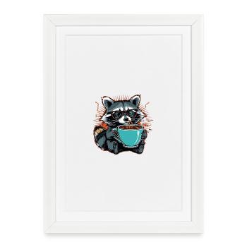 Raton laveur submergé par le café - Affiche encadrée (27 × 37 cm) - blanc - Devant