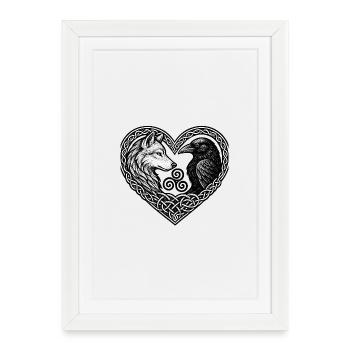 Cœur Celtique : Loup et Corbeau - Affiche encadrée (27 × 37 cm) - blanc - Devant