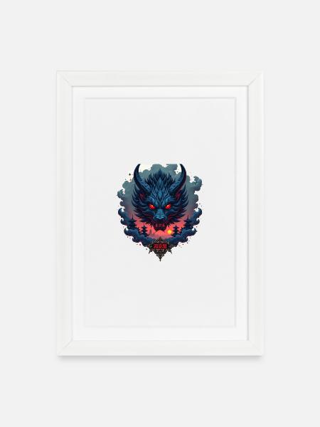Shadow Oni – Japanischer Dämonenwolf - Gerahmtes Poster (27 × 37 cm) - Weiß