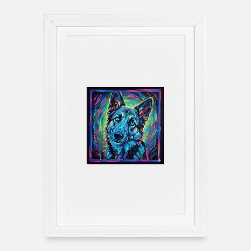 Neon-Wolfsblick - Gerahmtes Poster (27 × 37 cm) - Weiß
