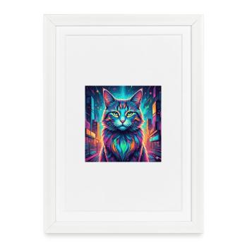 Chat néon - Affiche encadrée (27 × 37 cm) - blanc - Devant