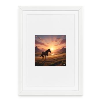 Cheval du coucher de soleil dans la vallée montagneuse - Affiche encadrée (27 × 37 cm) - blanc - Devant