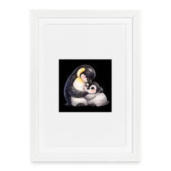Maman Pingouin câline son bébé - Affiche encadrée (27 × 37 cm) - blanc - Devant