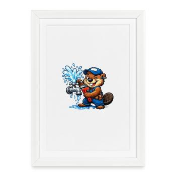Castor Plombier qui répare un robinet Éclaboussant - Affiche encadrée (27 × 37 cm) - blanc - Devant
