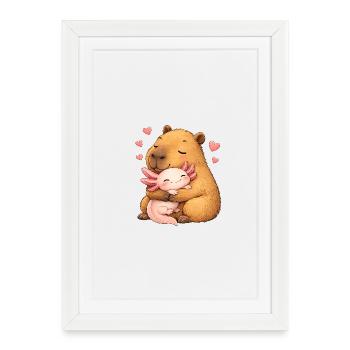Capybara with pink axolotl friend - loving hug - Framed poster (27 × 37 cm) - white - Front