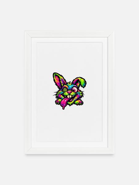 Psychedelischer Hase Neonfarben - Gerahmtes Poster (27 × 37 cm) - Weiß