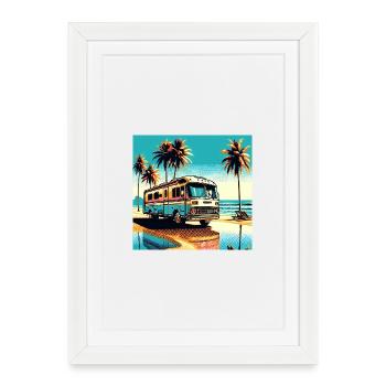 Camping-car rétro sur une plage tropicale - Affiche encadrée (27 × 37 cm) - blanc - Devant