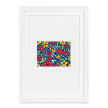 Motif floral avec rouge et jaune sur bleu - Affiche encadrée (27 × 37 cm) - blanc - Devant