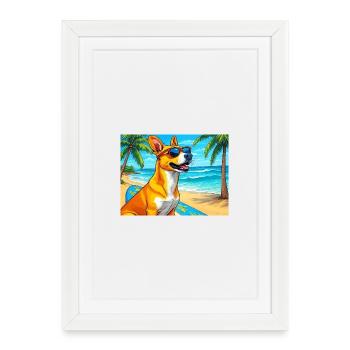 Chien de plage avec planche de surf et lunettes de soleil - Affiche encadrée (27 × 37 cm) - blanc - Devant