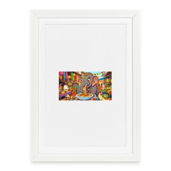 Art drôle de l’éléphant mangeant des spaghettis - Affiche encadrée (27 × 37 cm) - blanc - Devant