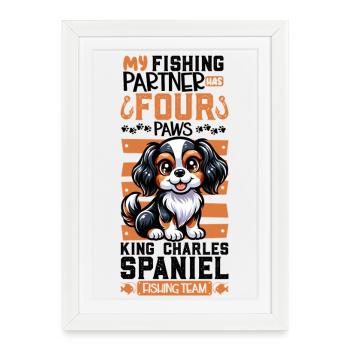 La pêche et l’épagneul King Charles - Affiche encadrée (27 × 37 cm) - blanc - Devant