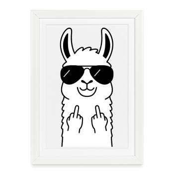 Llama with sunglasses – cheeky middle finger - Framed poster (27 × 37 cm) - white - Front