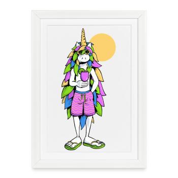 Licorne, été et cocktail - Affiche encadrée (27 × 37 cm) - blanc - Devant