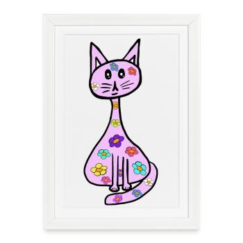 Fleurs rétro Chat Printemps Chats Enfants - Affiche encadrée (27 × 37 cm) - blanc - Devant
