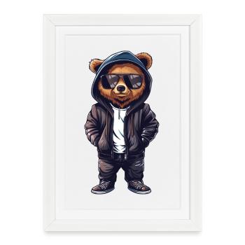 Cool ours en peluche T-Shirt, veste en cuir, lunettes de soleil - Affiche encadrée (27 × 37 cm) - blanc - Devant