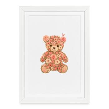 Ours en peluche fleur mignon - Design floral rose - Affiche encadrée (27 × 37 cm) - blanc - Devant