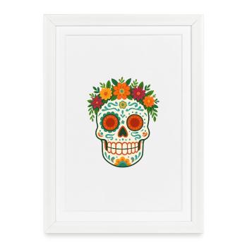 Crâne et os croisés avec couronne florale Día-de-los-Muertos - Affiche encadrée (27 × 37 cm) - blanc - Devant