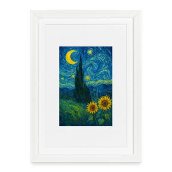 Nuit étoilée avec des tournesols - Affiche encadrée (27 × 37 cm) - blanc - Devant