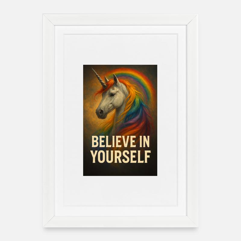 Glaub an dich selbst Einhorn Regenbogen - Gerahmtes Poster (27 × 37 cm) - Weiß
