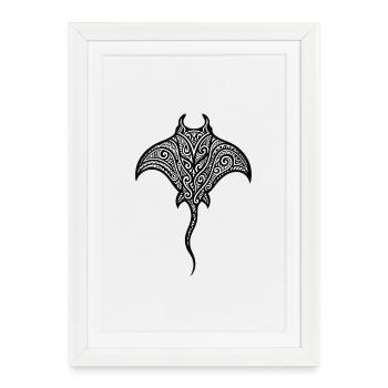 Raie Manta Tribale - Tatouage Polynésien - Affiche encadrée (27 × 37 cm) - blanc - Devant