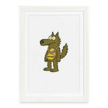 Cool cartoon wolf with gold chain – "WOLFGANG" - Framed poster (27 × 37 cm) - white - Front