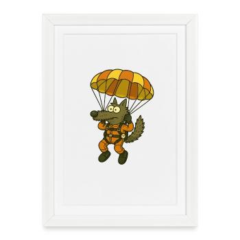 Wolfgang Wolf Funny cartoon wolf with parachute - Framed poster (27 × 37 cm) - white - Front