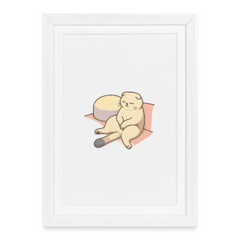 Chat relaxant au lit avec oreiller - Affiche encadrée (27 × 37 cm) - blanc - Devant