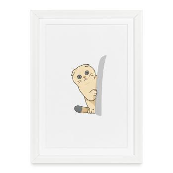 chat mignon attendant devant la porte - Affiche encadrée (27 × 37 cm) - blanc - Devant