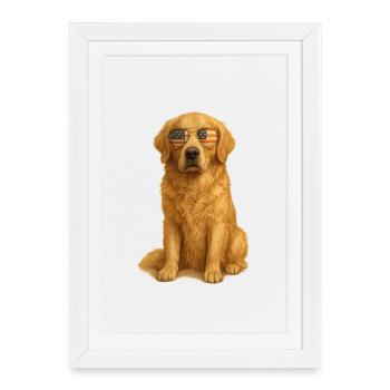 Patriotic Golden Retriever Dog with Flag Glasses - Framed poster (27 × 37 cm) - white - Front