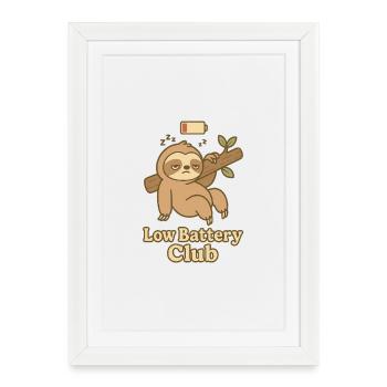 Low Battery Club Sloth - Gerahmtes Poster (27 × 37 cm) - Weiß - Vorne