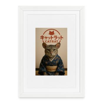 L’élégance du chat en kimono - Affiche encadrée (27 × 37 cm) - blanc - Devant