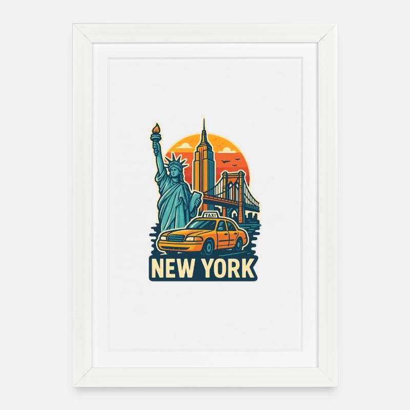 Illustration des monuments emblématiques de la ville de New York - Affiche encadrée (27 × 37 cm) - blanc