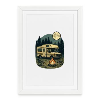 Nuit en forêt avec camping-car et feu de camp - Affiche encadrée (27 × 37 cm) - blanc - Devant