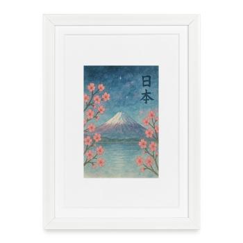 « Nuit Sakura – Le mont Fuji sous les étoiles » - Affiche encadrée (27 × 37 cm) - blanc - Devant