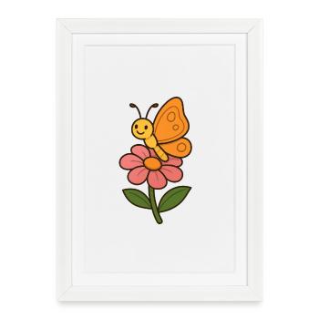 Papillon joyeux sur motif floral - Affiche encadrée (27 × 37 cm) - blanc - Devant