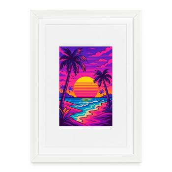 Retro-80er-Neon-Strand-Synthwave-Art - Gerahmtes Poster (27 × 37 cm) - Weiß - Vorne