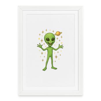 Happy Green Alien with Universe and Planet - Framed poster (27 × 37 cm) - white - Front