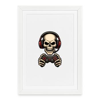 Skull Gamer Motif with Headset - Framed poster (27 × 37 cm) - white - Front