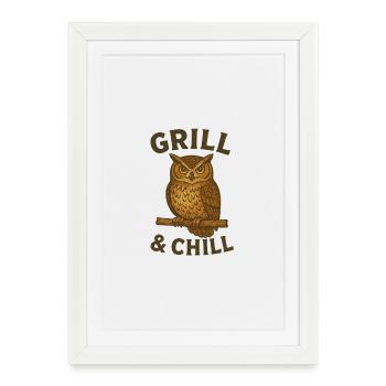 Owl with barbecue and chill motif - Framed poster (27 × 37 cm) - white - Front