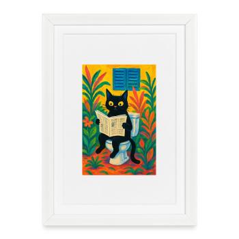 Whimsical Black Cat Reading on Toilet - Framed poster (27 × 37 cm) - white - Front
