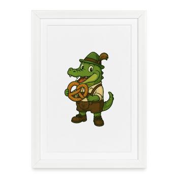 Crocodile en costume traditionnel avec bretzel - Affiche encadrée (27 × 37 cm) - blanc - Devant