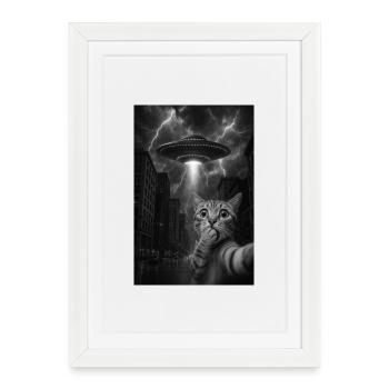 Chat selfie avec un OVNI extraterrestre - Chat OVNI - Affiche encadrée (27 × 37 cm) - blanc - Devant