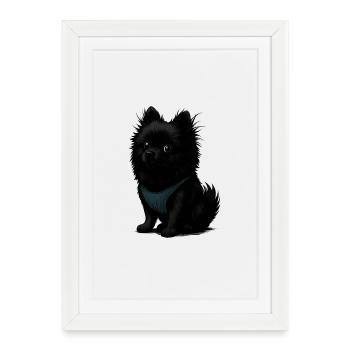 Spitz noir pour chien avec gilet bleu - Affiche encadrée (27 × 37 cm) - blanc - Devant