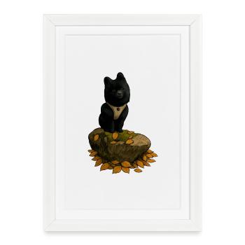 Chien Spitz Noir sur Un Tronc D’arbre - Affiche encadrée (27 × 37 cm) - blanc - Devant