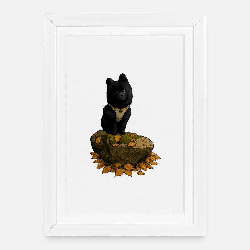 Schwarzer Spitz Hund auf Baumstamm - Gerahmtes Poster (27 × 37 cm) - Weiß