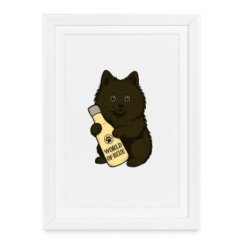 Spitz mignon (chien) avec bouteille - Affiche encadrée (27 × 37 cm) - blanc - Devant