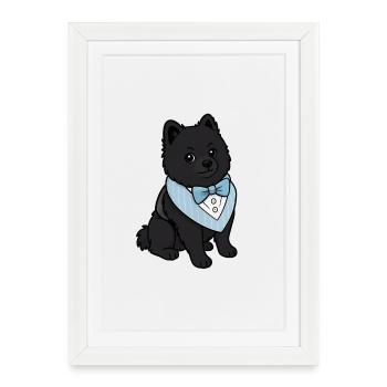Chien Spitz élégant en nœud papillon - Affiche encadrée (27 × 37 cm) - blanc - Devant