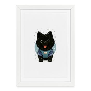Dessin animé Spitz mignon avec de la neige - Affiche encadrée (27 × 37 cm) - blanc - Devant