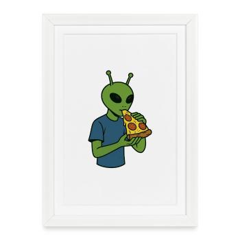Alien mit Pizza-Snack-Design - Gerahmtes Poster (27 × 37 cm) - Weiß - Vorne